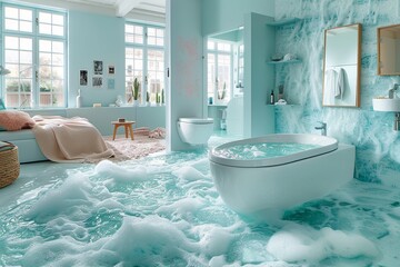A flooded bathroom with water splashing everywhere, depicting a chaotic scene of an indoor plumbing disaster and the need for emergency cleanup and repair, Generative AI