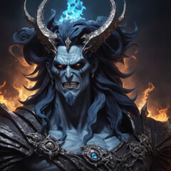 A blue Demon with horns, devil monster profile picture, demoniac halloween avatar, horror and scary face.