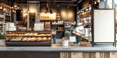  Blank advertising mockup board for advertisement at the bakery shop.