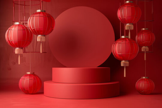 Festive chinese setup featuring red lanterns hanging against a matching background with round display podiums