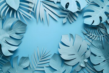 Abstract Blue Background with Tropical Leaves in Paper Cut Style