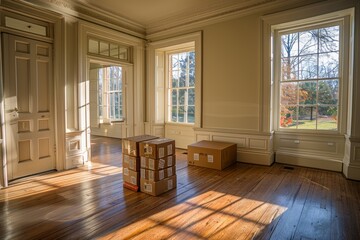Office with Packed Moving Boxes in Fluorescent Light Setting