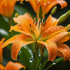 A orange flower with droplets of water on it. The flower is surrounded by green leaves