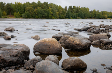 A picturesque, bubbling river in the forest, a shore with huge stones. Karelia, Russia.