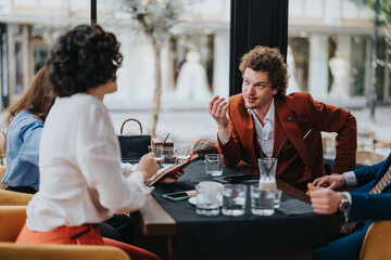 Business team meeting at a modern coffee shop, analyzing reports and strategizing for market growth. Collaboration and discussion for business success.