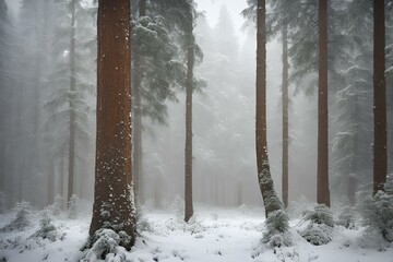 Softly Falling Snow in a Quiet Forest, Snow-covered forest with tall trees, winter landscape, serene nature scene, misty atmosphere, tranquil woods, frosty morning, scenic view