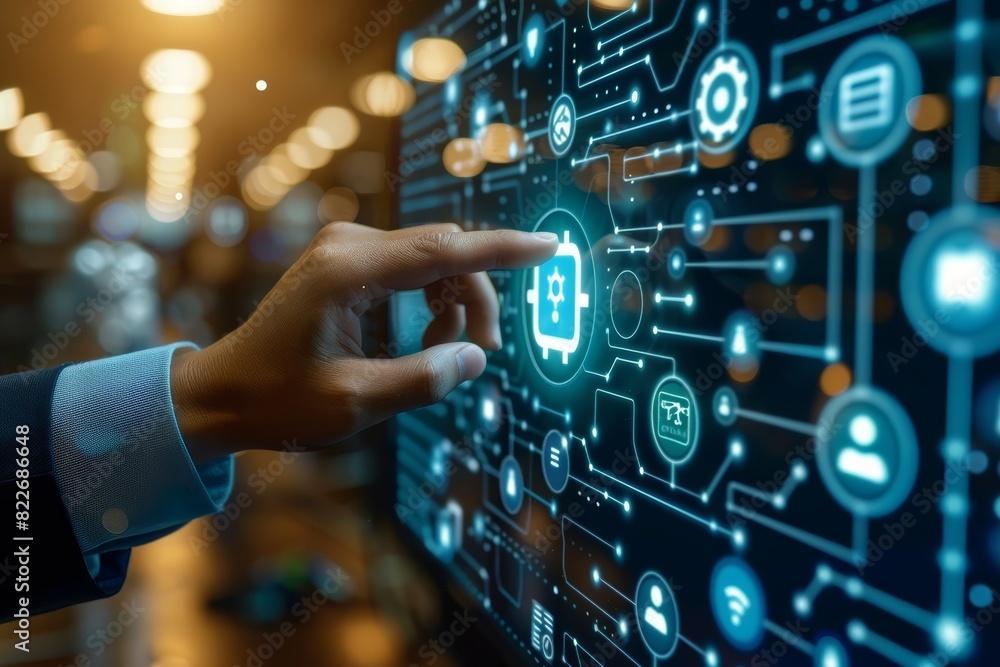 Fototapete Hand interacting with a digital interface displaying interconnected gears, representing the advanced technology and innovation in modern engineering and cyber systems, Generative AI