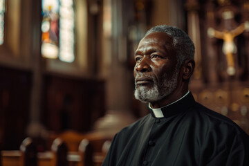 Naklejka premium A thoughtful african-american priest in clerical attire reflecting solemnly inside a serene, ornately decorated church setting, embodying spirituality and faith