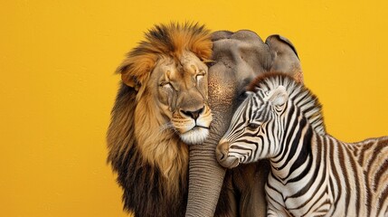 lion king smiling looking at camera and hugs his friends zebra and elephant on yellow background...