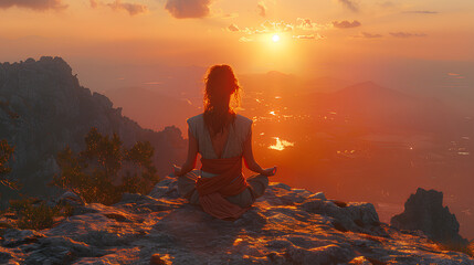 Obraz premium Young girl meditating on a mountain at sunset