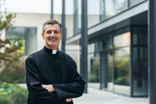 Portrait of a cheerful male priest in clerical clothing, standing confidently outside a contemporary building with a welcoming demeanor