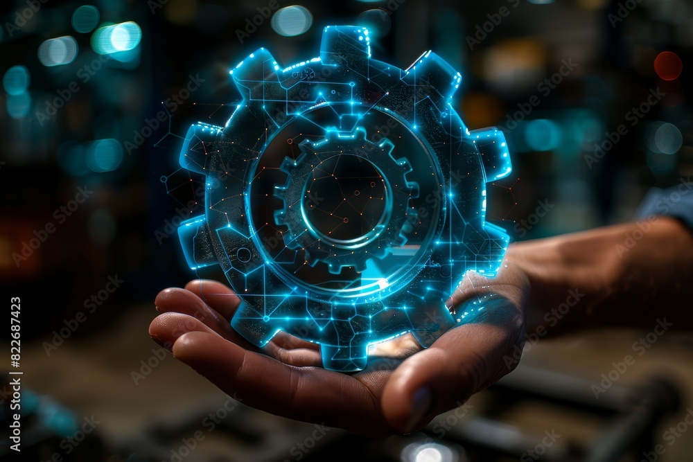 Fototapete Hand interacting with a digital interface displaying interconnected gears, representing the advanced technology and innovation in modern engineering and cyber systems, Generative AI