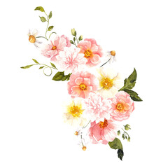 Fototapeta premium Watercolor hand draw bouquet with summer flowers. Garden floral, leaves, isolated on transparent background. PNG files
