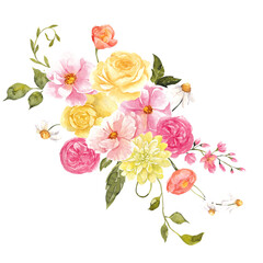 Watercolor hand draw bouquet with summer flowers. Garden floral, leaves, isolated on transparent background. PNG files