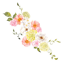 Watercolor hand draw bouquet with summer flowers. Garden floral, leaves, isolated on transparent background. PNG files