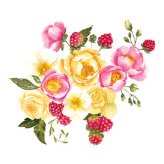 Watercolor bouquet with hand draw summer flowers, leaves and berry, garden floral, raspberry, strawberry, cherry, currant, isolated on transparent background, PNG files