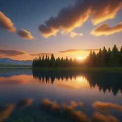 Fototapeta premium Misty mountain landscape with golden autumn trees reflecting on calm lake serene nature scene