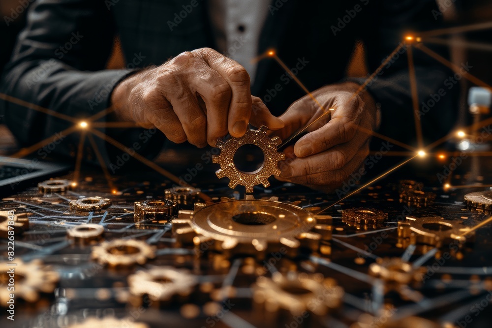 Poster Hand touching a digital interface with interconnected gears, symbolizing the intricate and innovative technology involved in modern digital systems and engineering mechanisms