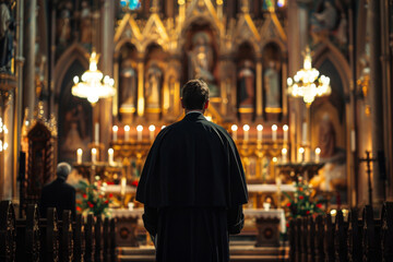 Naklejka premium Man in ecclesiastical attire observes a moment of silent prayer in the ornate, glowing interior of a traditional cathedral