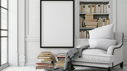 Black poster frame in a cozy white reading nook, with a stylish armchair and a stack of classic books.