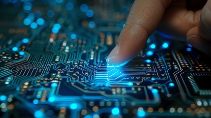 Obraz premium Fingers touching a digital circuit board with blue glowing elements in the background, depicting a technology concept in the style of high resolution photography with minimal editing of the original t