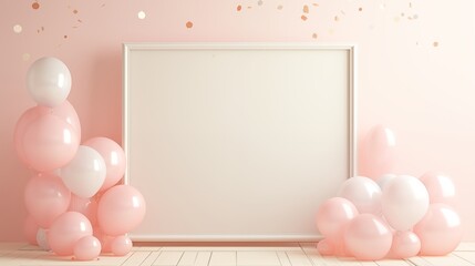 Pastel Pink and White Balloons Decor with Blank Frame Against Soft Pink Background