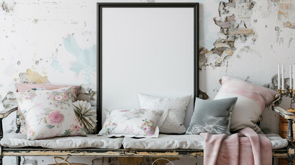 Black poster frame on a white shabby chic wall, surrounded by distressed wood furniture and pastel textiles.