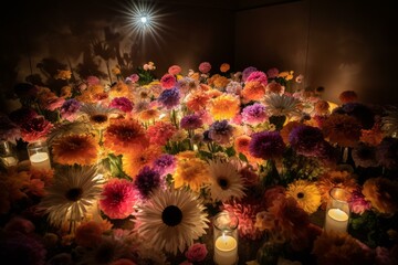 Atmospheric display of assorted colorful flowers illuminated by candlelight, creating a magical ambiance