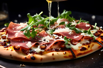 Pizza napoletana with green arugula, parma, prosciutto, parmigiano reggiano cheese, mozzarella,...