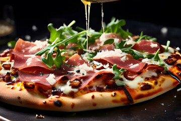 Pizza napoletana with green arugula, parma, prosciutto, parmigiano reggiano cheese, mozzarella, fresh from owen, italian cuisine, fast food, world most popular