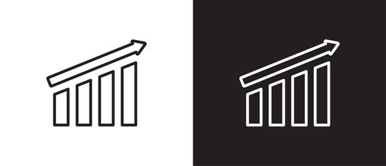 Graphic economy and business icon. Growth icons, increase and decrease bar charts, Growing bars graphic icon with rising arrow chart in black and white background. Editable stroke. Eps 10