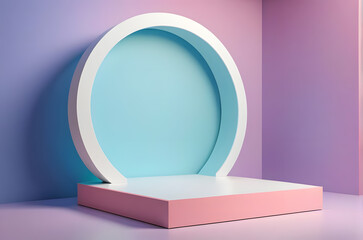Round pink white blue purple pastel lightning glowing geometric podium circular shape product placement beauty display advertisement 3d render visual abstract modern backdrop futuristic empty stage