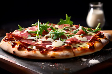 Pizza napoletana with green arugula, parma, prosciutto, parmigiano reggiano cheese, mozzarella,...