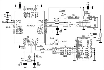 Schematic diagram of electronic device.
Vector technical drawing electrical circuit with 
microcontroller, resistor, capacitor,
integrated circuit, usb,
other components 
on background of paper sheet.