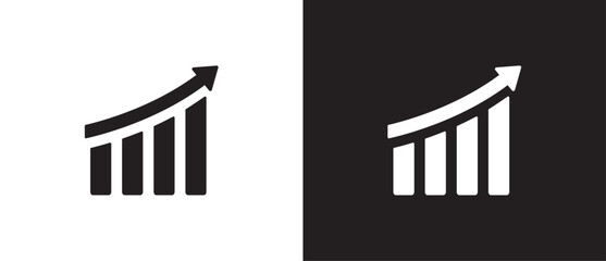 Flat icon of Diagram representing growth. Increase profit. Growth vector icon graphic. Economic graphic growth arrow. Growing bars graphic icon with rising arrow chart in black and white background.