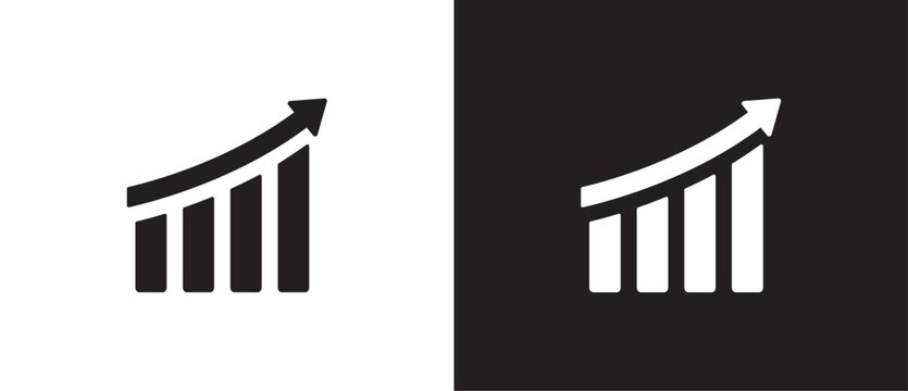 Flat icon of Diagram representing growth. Increase profit. Growth vector icon graphic. Economic graphic growth arrow. Growing bars graphic icon with rising arrow chart in black and white background.