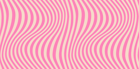 Groovy vector seamless pattern with curved lines, wavy stripes, hot pink waves. Abstract distorted background. Dynamical rippled texture, 3D effect, illusion of movement. Repeated trendy geo design