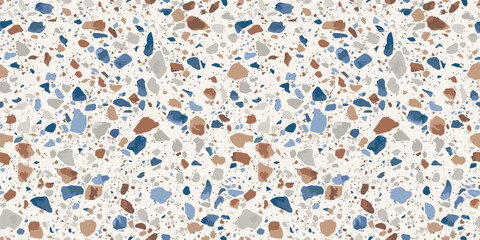 Terrazzo flooring realistic seamless pattern. Vector texture of natural mosaic floor with stones, granite, marble, colorful glass particles, concrete. Trendy geo design. Brown, blue, white, gray color