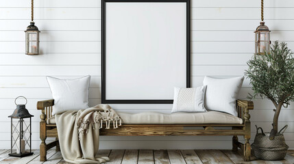 Black poster frame on a white wall, above a rustic wooden bench with a cozy blanket and vintage...