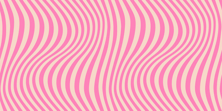 Groovy vector seamless pattern with curved lines, wavy stripes, hot pink waves. Abstract distorted background. Dynamical rippled texture, 3D effect, illusion of movement. Repeated trendy geo design