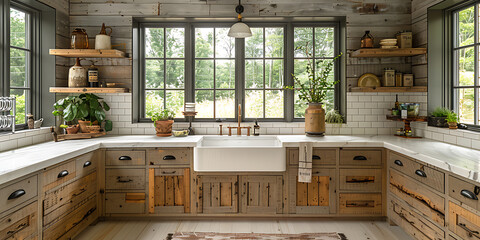 Rustic Farmhouse Kitchen with Vintage Decor and Empty White Space