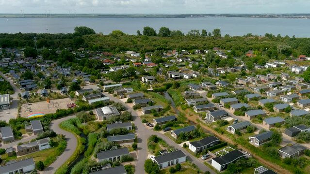 Aerial view of summer cabins at vacation park in the Netherlands.