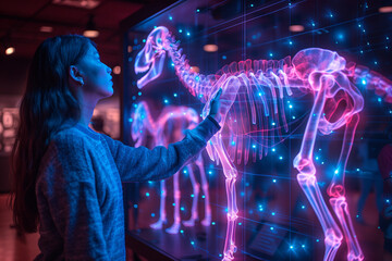 A high-tech exhibit in the Future Animal Museum showcasing holographic projections of biological skeletons from extinct animals, with immersive and interactive elements
