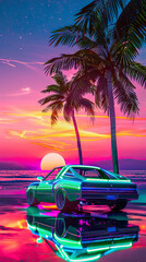Retro car by tropical beach with palm trees and colorful sunset sky. Retro-futuristic, vaporwave, synthwave. Travel poster music cover