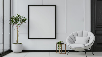 Contemporary white room with a black poster frame, accented by a stylish chair and a small indoor...