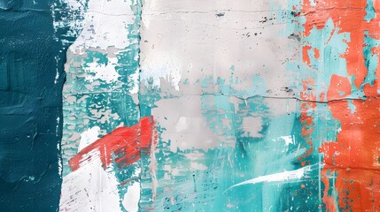 Closeup of colorful teal, blue and red urban wall texture with white white paint stroke. Modern...