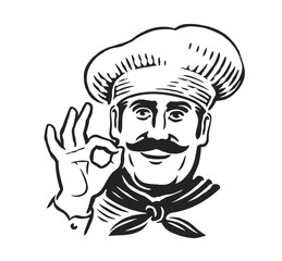 Happy chef gesturing ok. Restaurant worker sign. Hand drawn sketch drawing vector