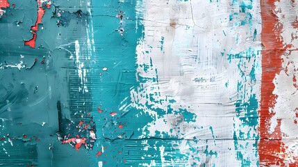 Closeup of colorful teal, blue and red urban wall texture with white white paint stroke. Modern...