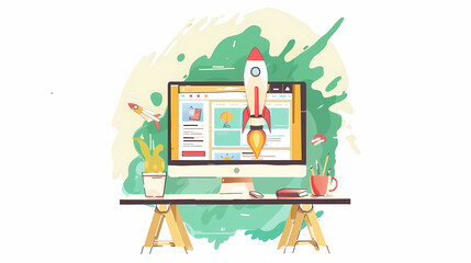 Vector Art Illustration of a Computer with a Rocket Shooting Out of It - Technology and Innovation Concept Green