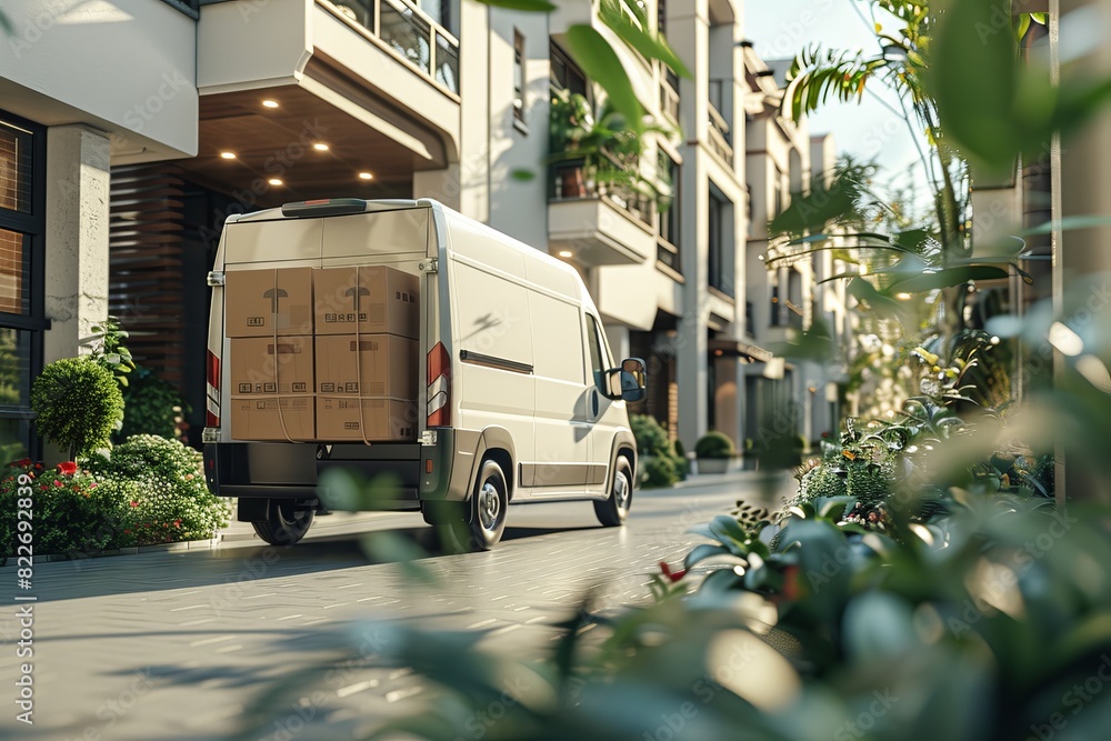 Poster neat and tidy moving scene with boxes and plants in a room, showcasing efficient logistics and trans